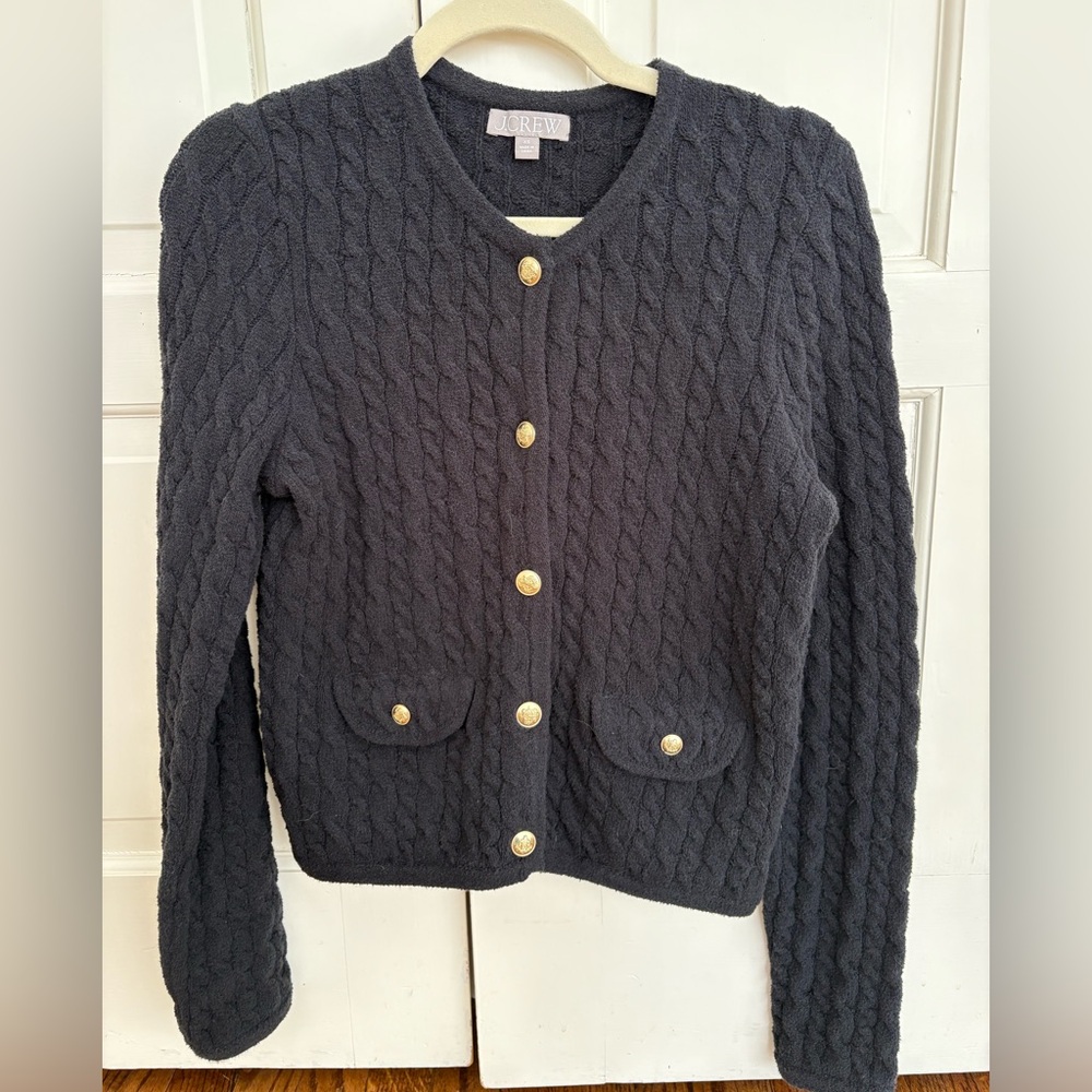 J. Crew Black Cable Knit Lady Cardigan with Gold Buttons